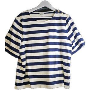 J. Crew XL Navy White Breton Stripe Top Gold Button Shoulder Nautical Sailor...